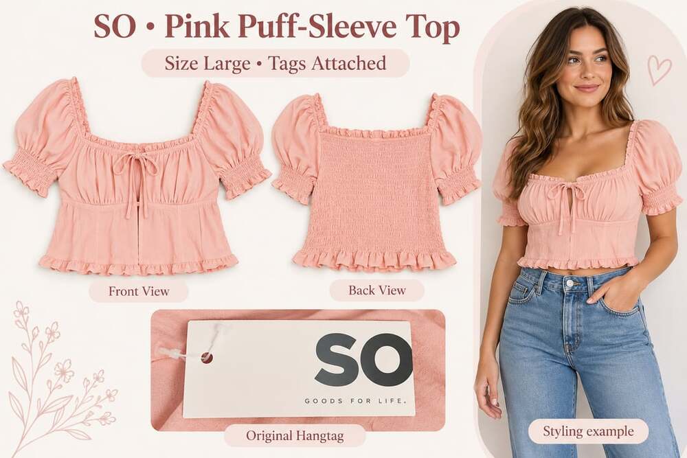 NWT SO Pink Puff Sleeve Crop Top Large Smocked Back Tie Front Ruffle Blouse